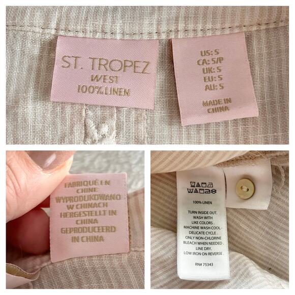 St. Tropez West Linen Blouse Small Pleated Beige 3/4 Bell Sleeve Tunic Shirt Top - Picture 6 of 7